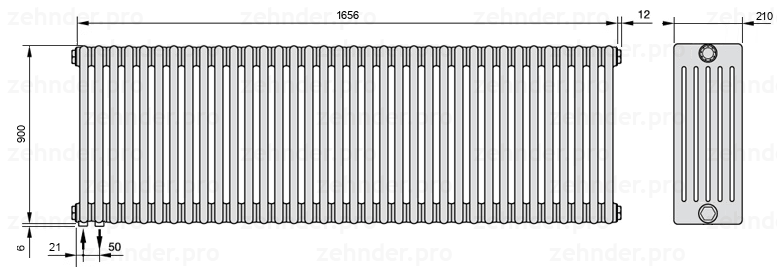 Схема (чертеж) Радиатор Zehnder Charleston 6090/36 №3370 Белый глянцевый RAL 9016